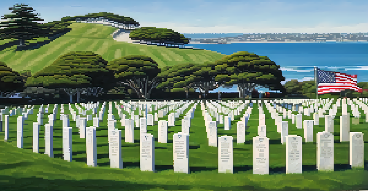 A peaceful scene at Fort Rosecrans National Cemetery with flags at soldiers' graves and people reflecting.