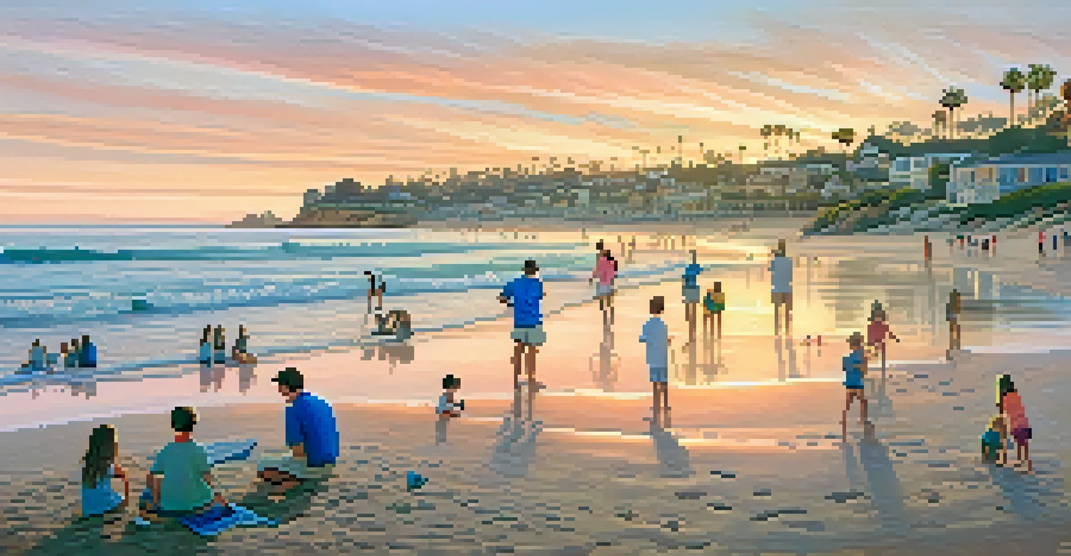 Families enjoying a sunset at La Jolla Shores, with children building sandcastles and exploring tide pools.