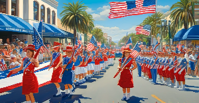A lively Independence Day parade in San Diego with colorful floats and families celebrating.