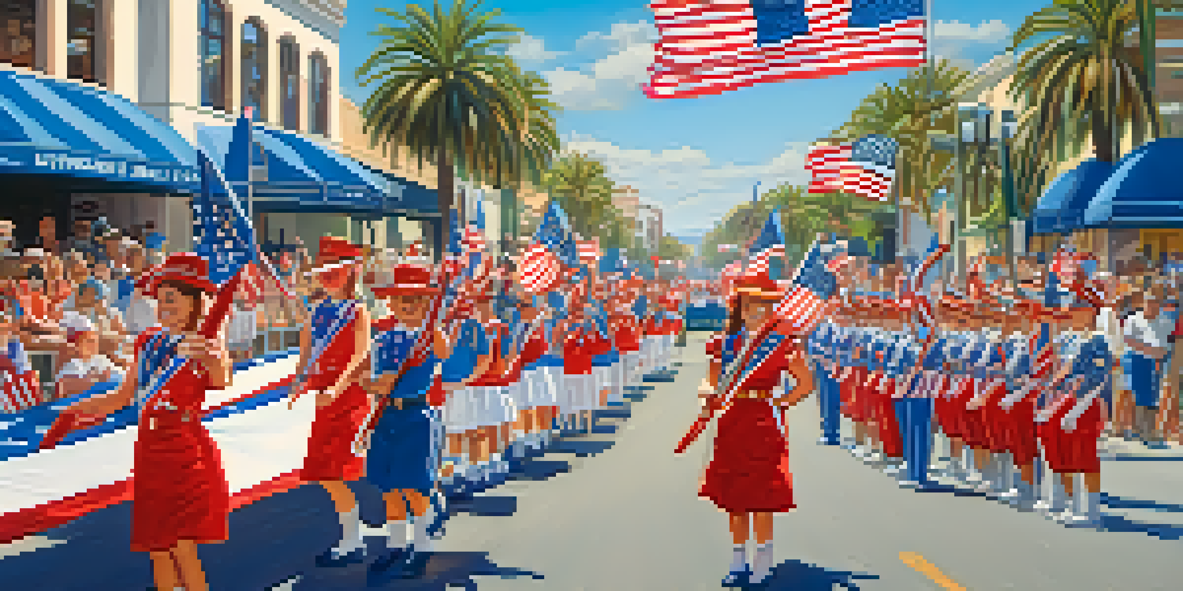 A lively Independence Day parade in San Diego with colorful floats and families celebrating.