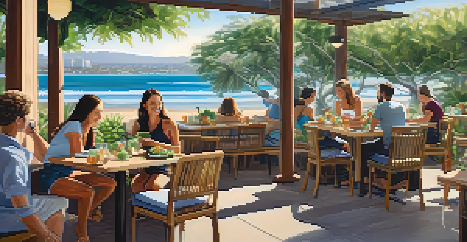 An outdoor dining area at a health food café with guests enjoying healthy meals and a coastal view.