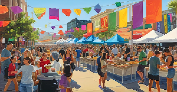 A lively food festival scene with people sampling gourmet tacos and desserts, surrounded by colorful decorations and live music.