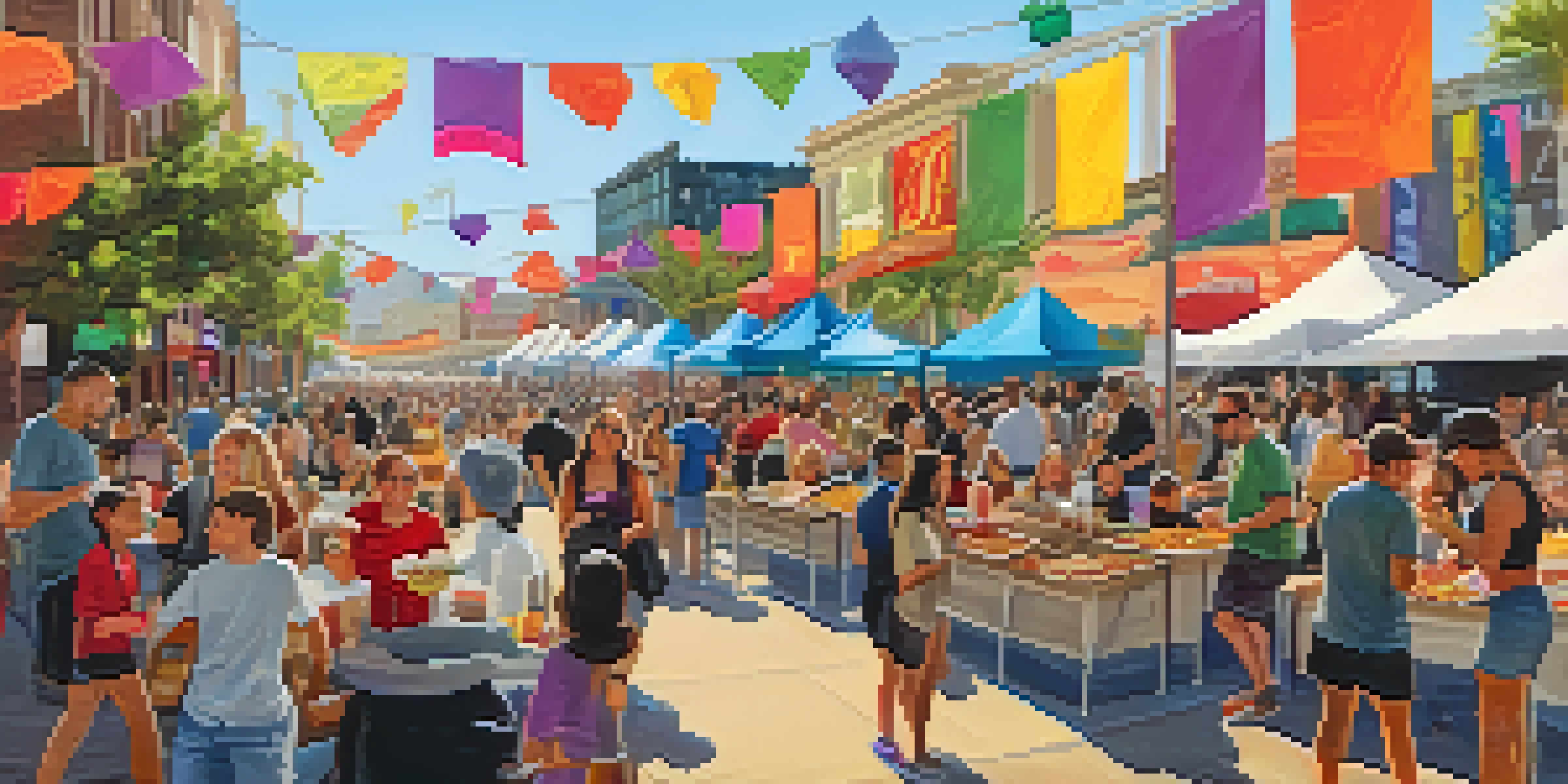 A lively food festival scene with people sampling gourmet tacos and desserts, surrounded by colorful decorations and live music.