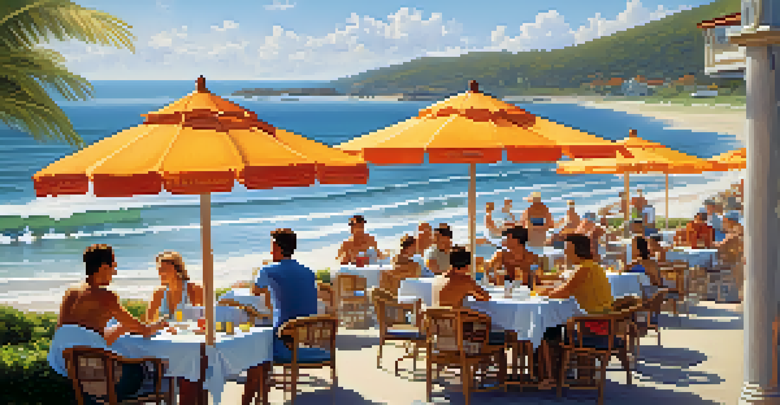 A vibrant beachfront restaurant with outdoor dining, where guests enjoy seafood while overlooking the ocean and surfers.