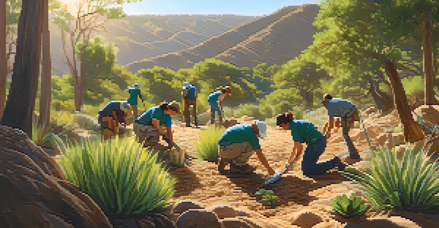 Volunteers planting native plants in a green canyon area in San Diego, with sunlight filtering through the trees.