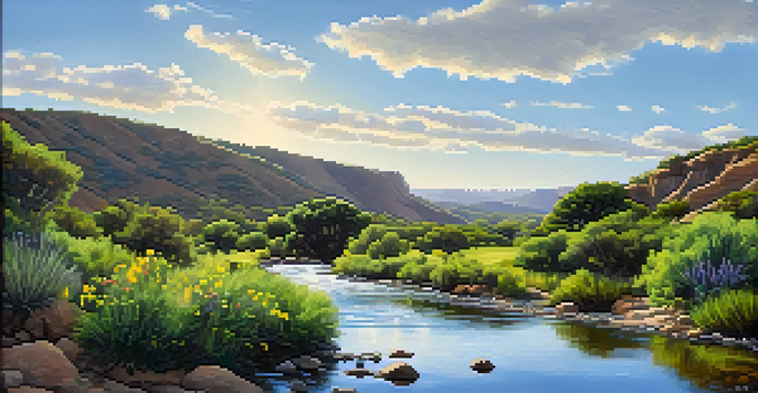 A picturesque landscape of Los Penasquitos Canyon Preserve featuring green vegetation, colorful wildflowers, a reflective creek, and canyon walls under a clear blue sky.