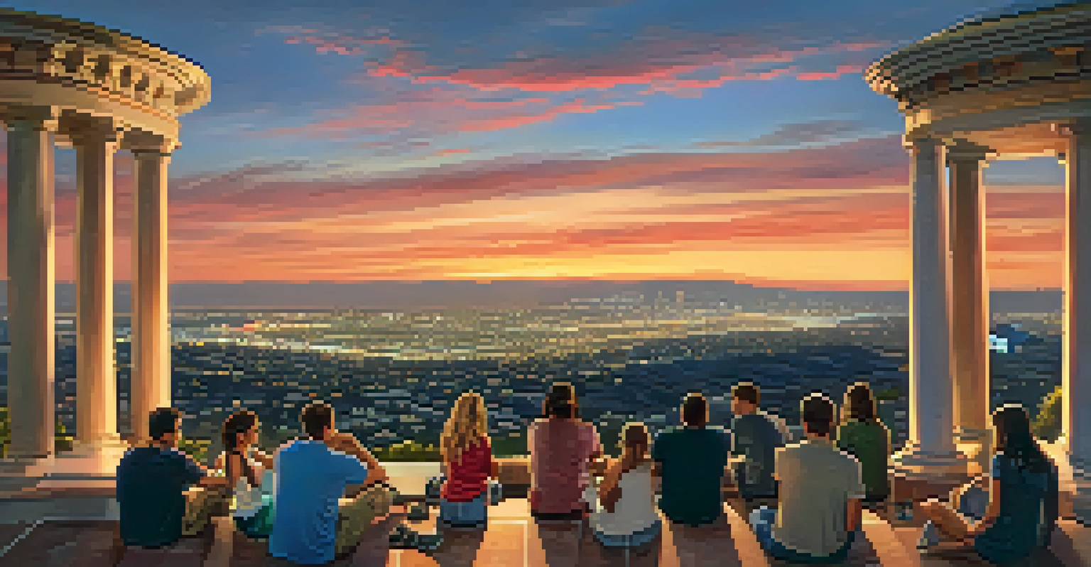 A scenic sunset view from Mount Soledad overlooking San Diego, with friends enjoying the view and the city lights starting to twinkle.