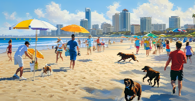 A sunny beach with a joyful dog running on the sand, the city skyline of San Diego visible in the background.