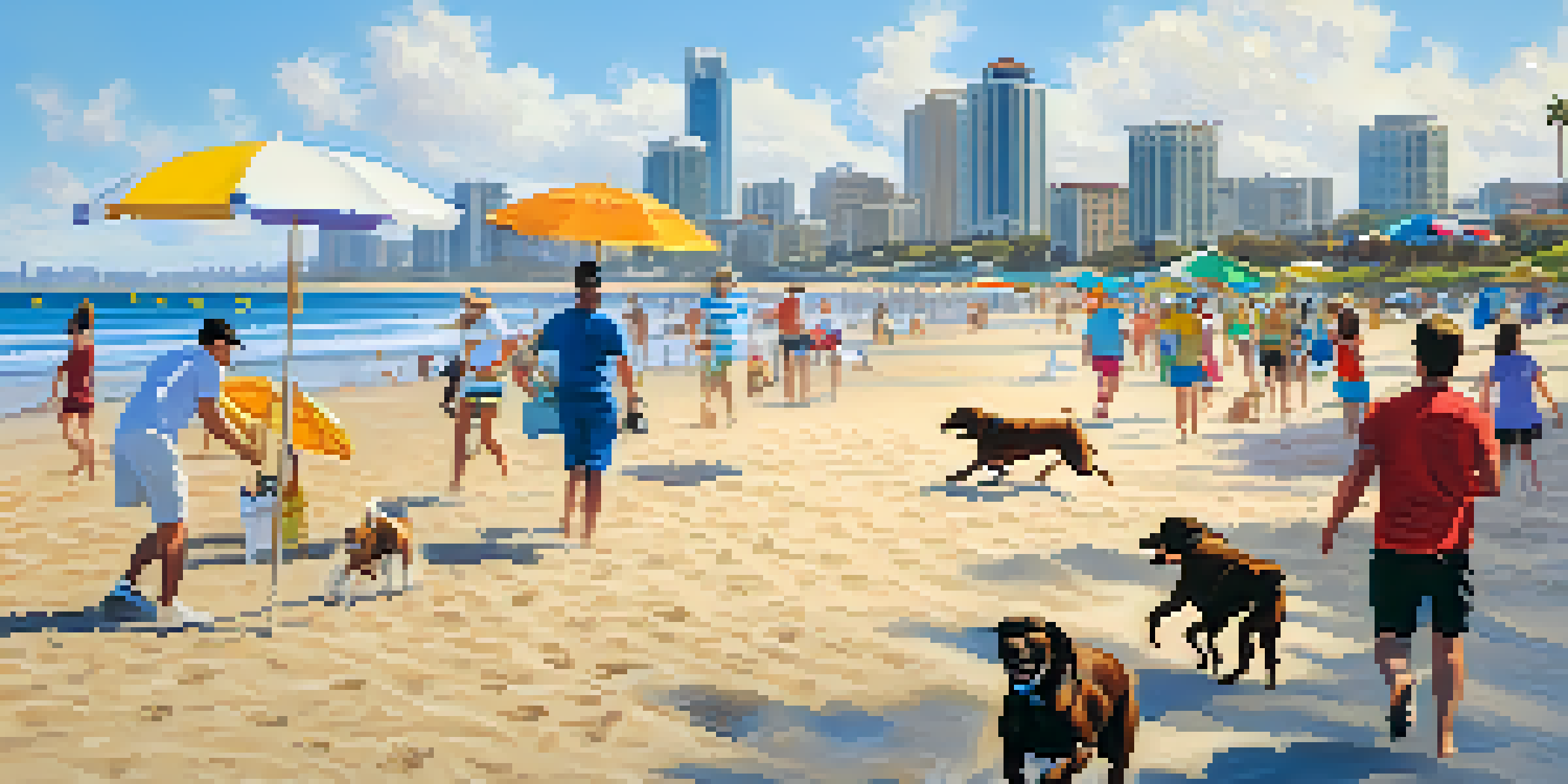 A sunny beach with a joyful dog running on the sand, the city skyline of San Diego visible in the background.
