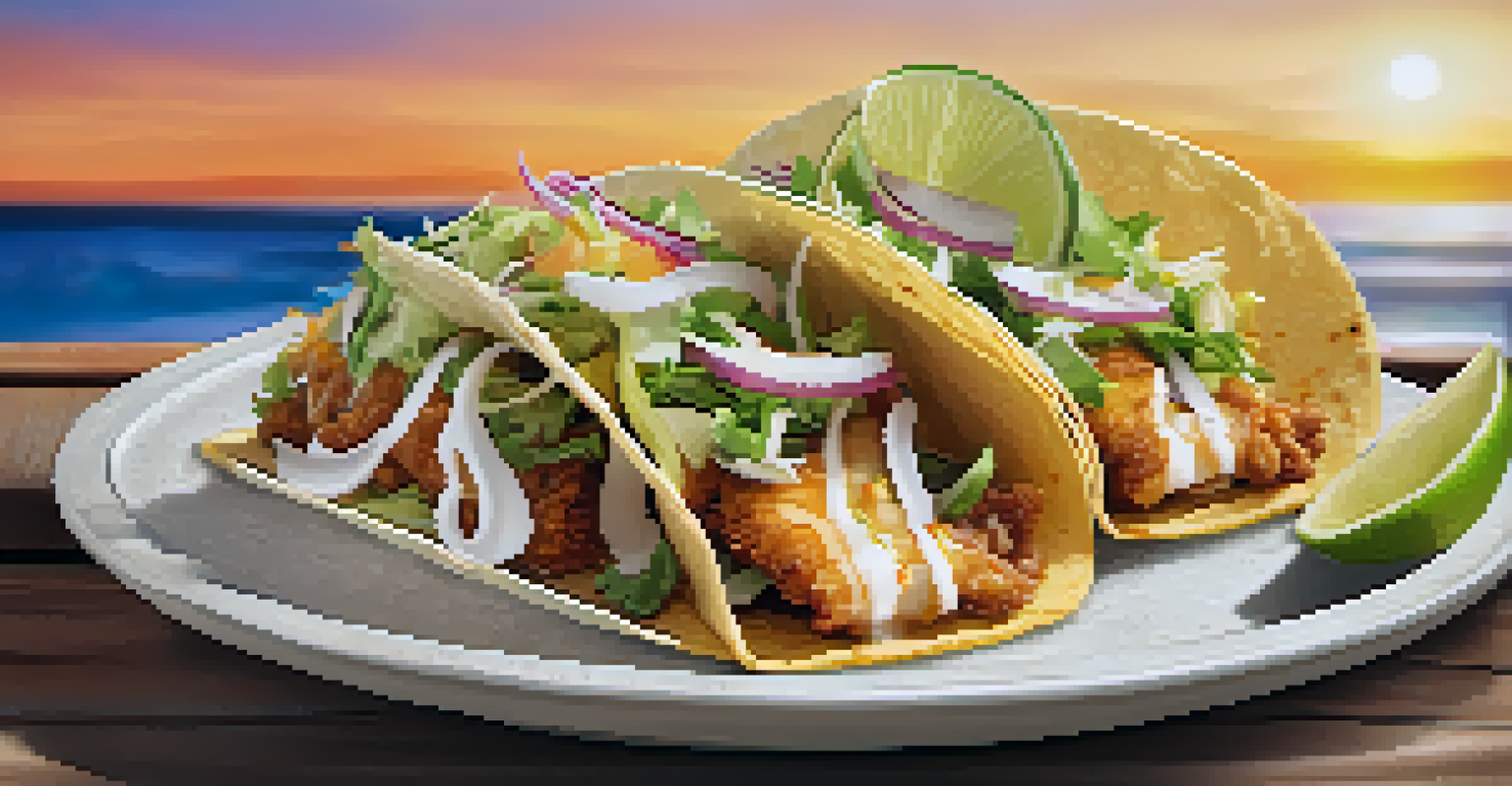 A delicious fish taco with crispy fish, cabbage, and sauce, served in a beach setting.