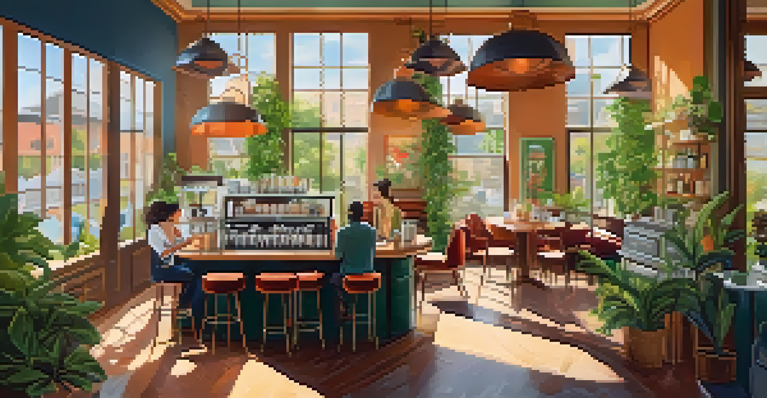 A trendy coffee shop with vibrant decor, a barista making a colorful drink, and sunlight filtering through large windows.