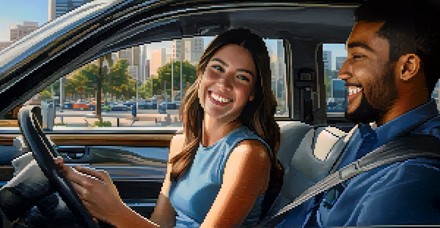 Inside a ride-sharing vehicle with a smiling driver and a happy passenger using their smartphone.