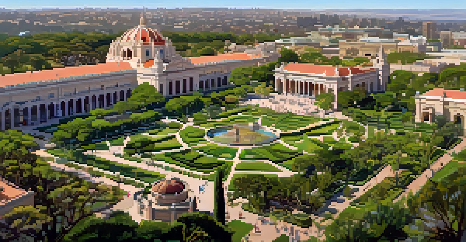 An aerial view of Balboa Park with lush greenery, blooming flowers, and people walking along the paths on a sunny day.