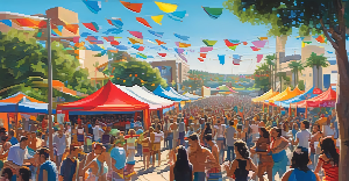 A lively outdoor music festival in San Diego with a diverse crowd enjoying performances under a clear blue sky.