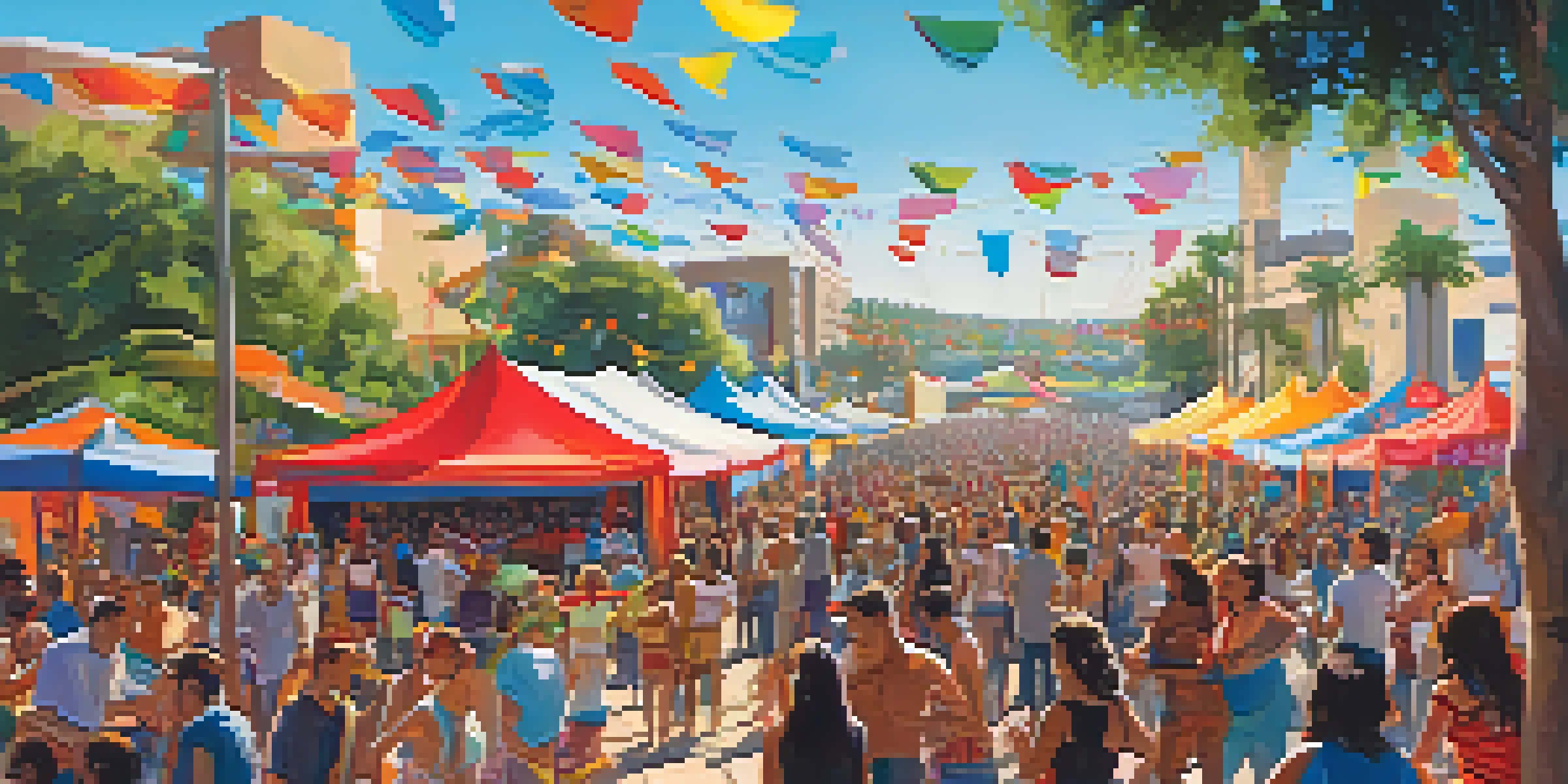 A lively outdoor music festival in San Diego with a diverse crowd enjoying performances under a clear blue sky.