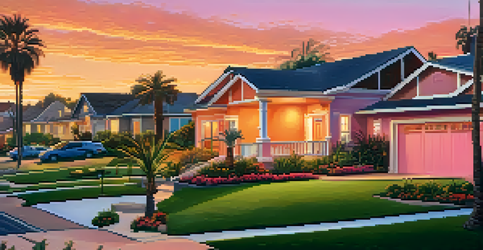 A scenic view of a suburban neighborhood in San Diego at sunset, featuring modern houses and families outside.