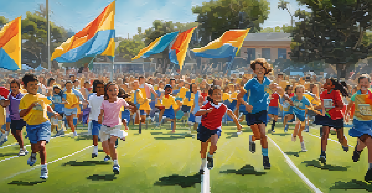 Students participating in a lively outdoor sports day, with colorful banners and cheering parents, showcasing teamwork and leadership.