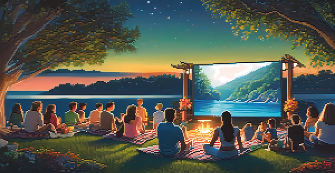 A warm and inviting outdoor movie night in San Diego, showcasing families enjoying a film under the stars with snacks and blankets.