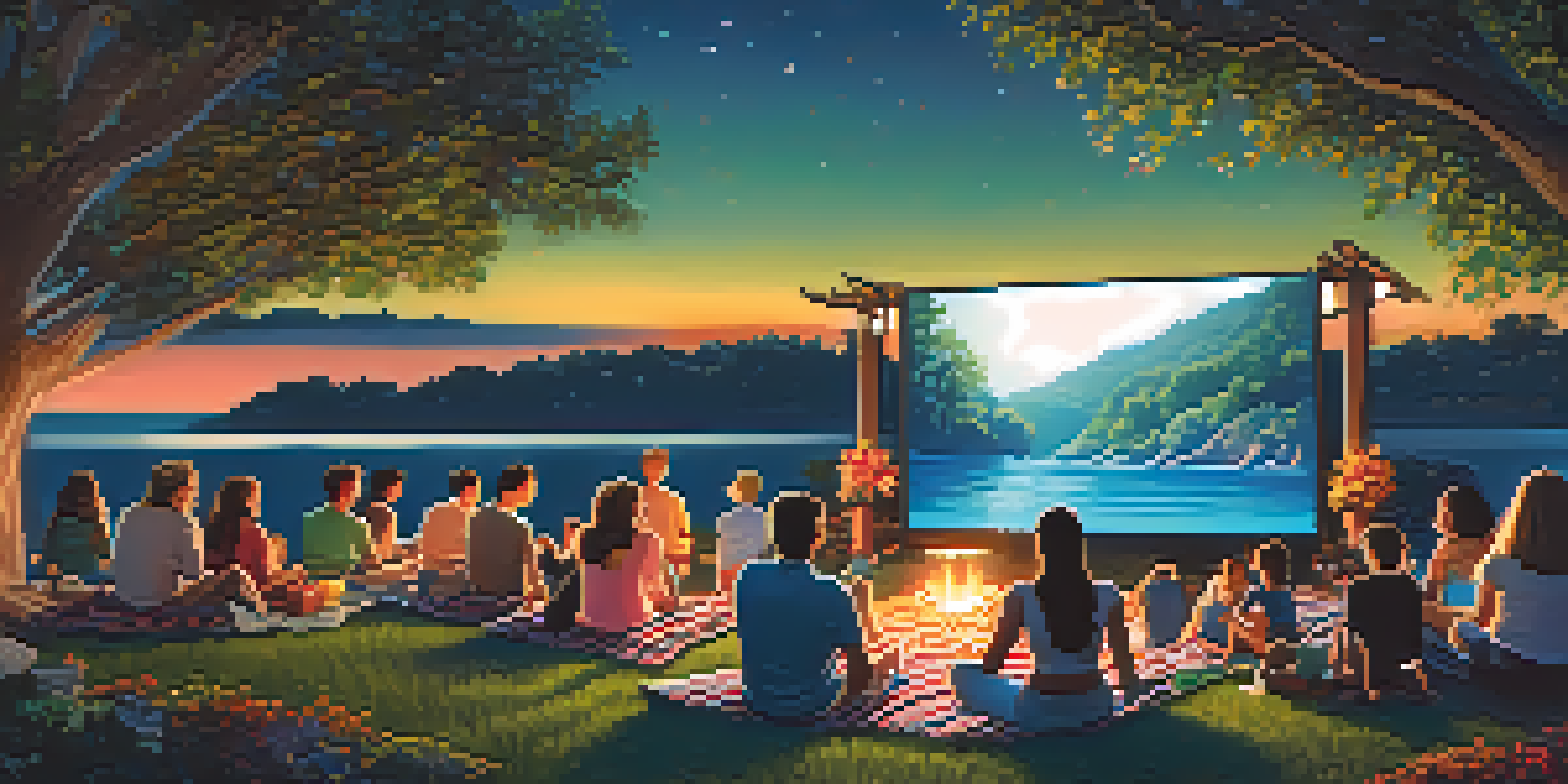 A warm and inviting outdoor movie night in San Diego, showcasing families enjoying a film under the stars with snacks and blankets.