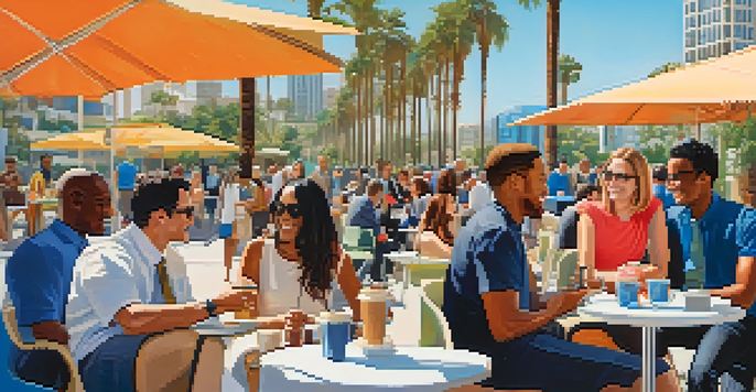 A sunny outdoor tech networking event in San Diego with diverse professionals interacting over coffee among palm trees and tech booths.