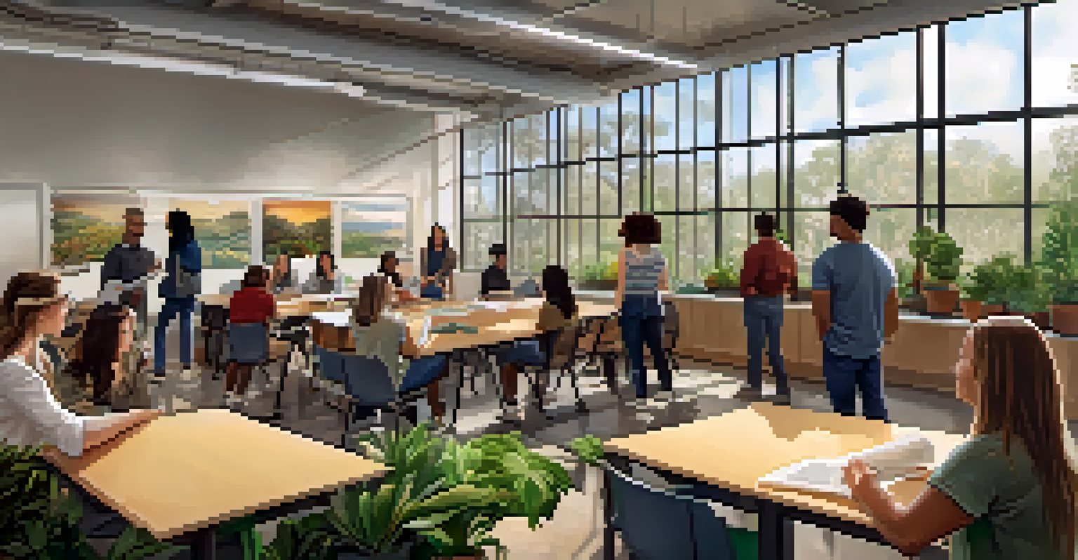 Students engaged in a discussion about sustainability in a bright classroom at San Diego State University, with plants around them.
