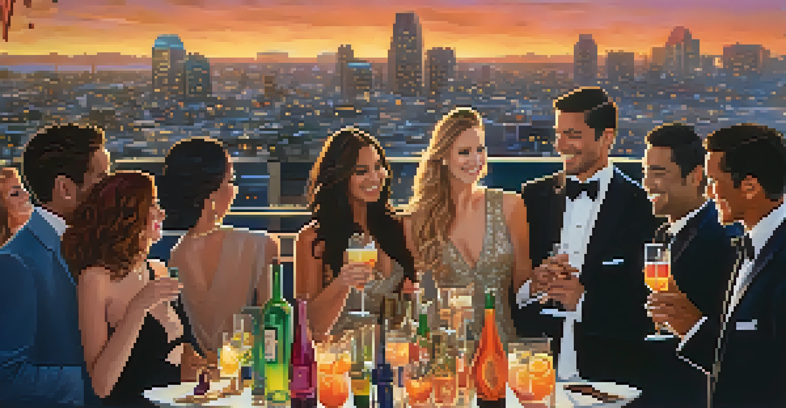 Friends celebrating New Year's Eve at a rooftop party in San Diego, with the city skyline and sunset in the background.