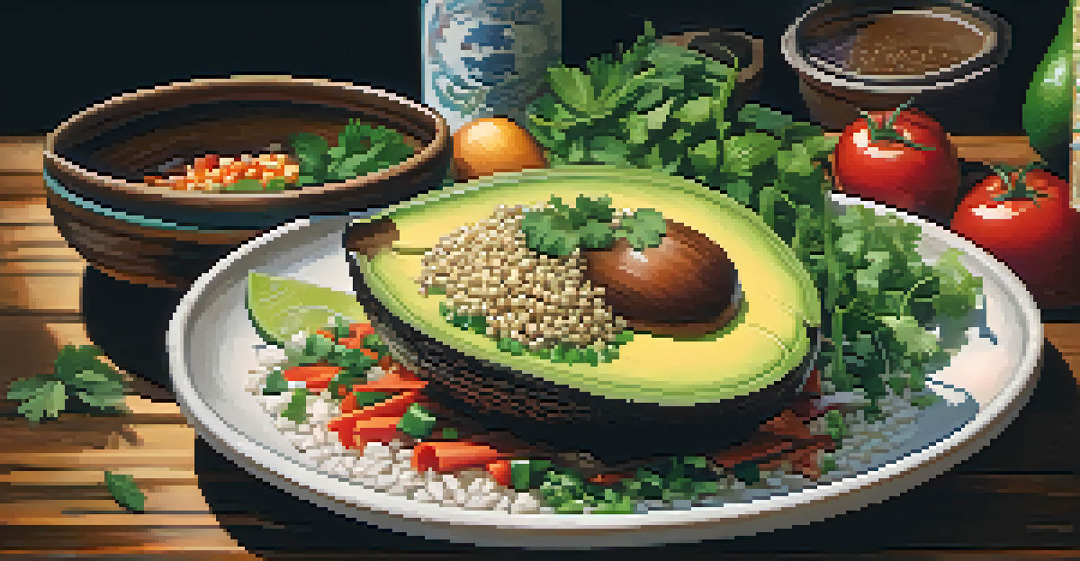 A colorful fusion dish combining Mexican and Asian ingredients, presented elegantly on a rustic wooden table in a softly lit kitchen.
