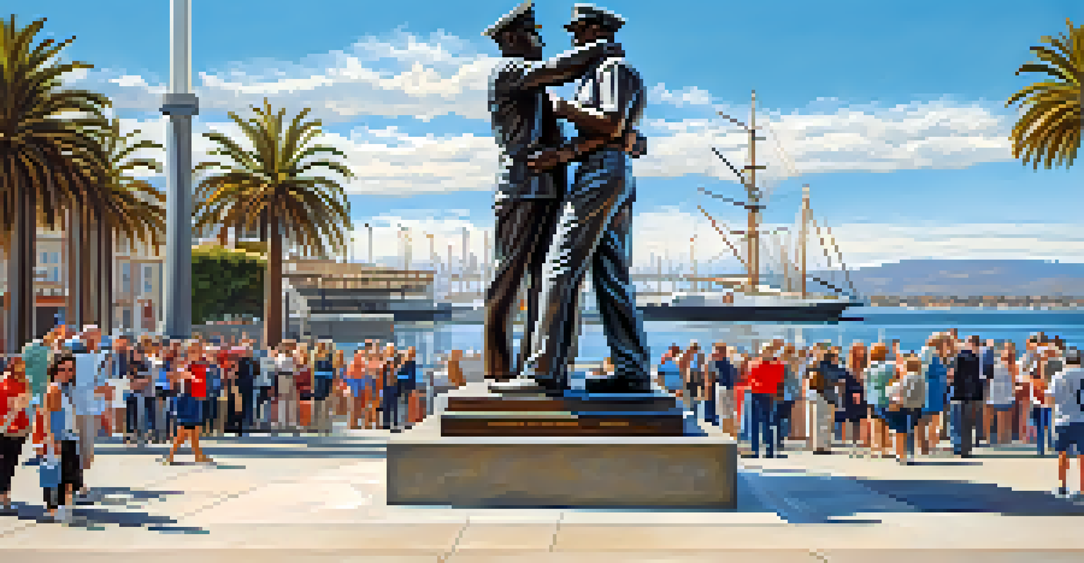 A large statue titled 'Unconditional Surrender' in San Diego’s Embarcadero with visitors admiring it against the ocean backdrop.