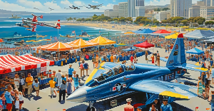 A lively air show in San Diego with planes performing stunts in the sky and families enjoying the event below.