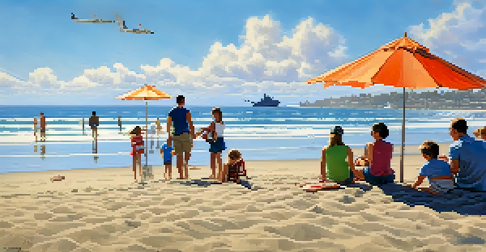 A military family having fun at a beach in San Diego, with children playing in the sand and parents relaxing under umbrellas.