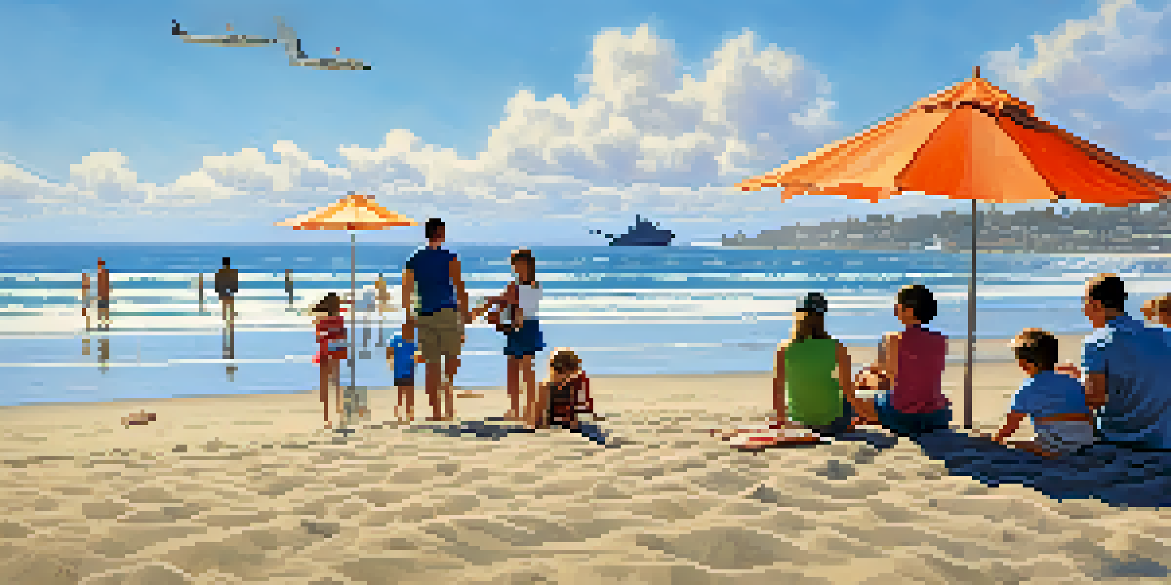 A military family having fun at a beach in San Diego, with children playing in the sand and parents relaxing under umbrellas.