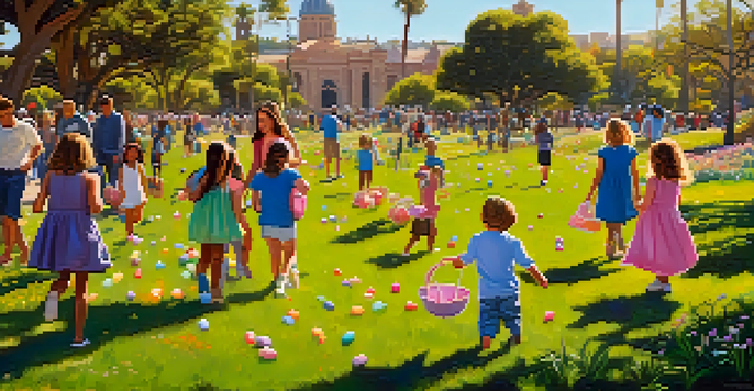 Children of diverse backgrounds searching for colorful Easter eggs in a sunny park filled with flowers and green grass.