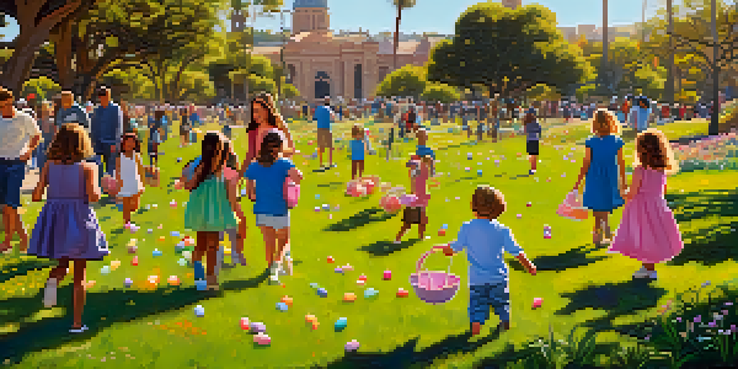 Children of diverse backgrounds searching for colorful Easter eggs in a sunny park filled with flowers and green grass.
