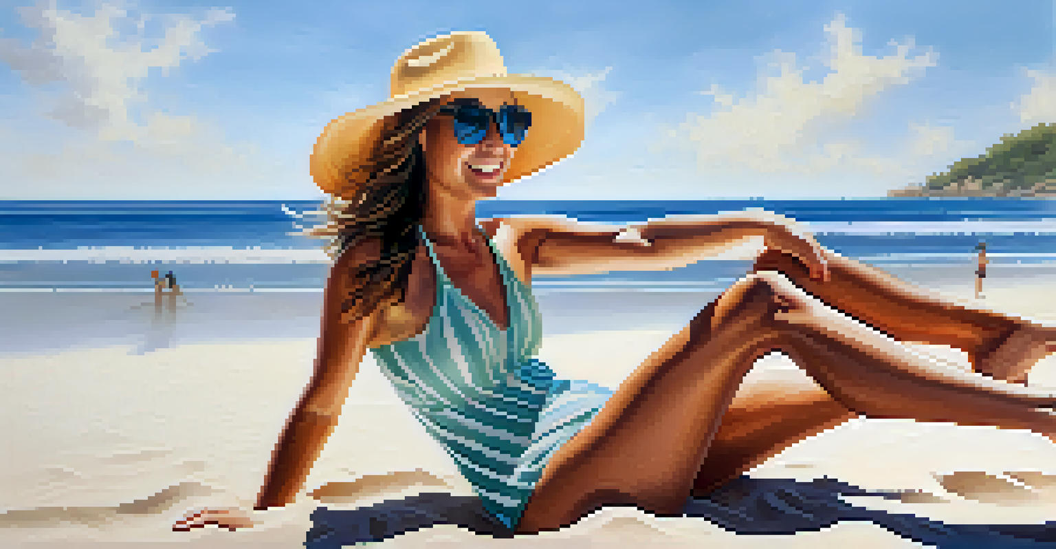 A beachgoer applying sunscreen, wearing a wide-brimmed hat and sunglasses, with a sunny beach scene in the background.