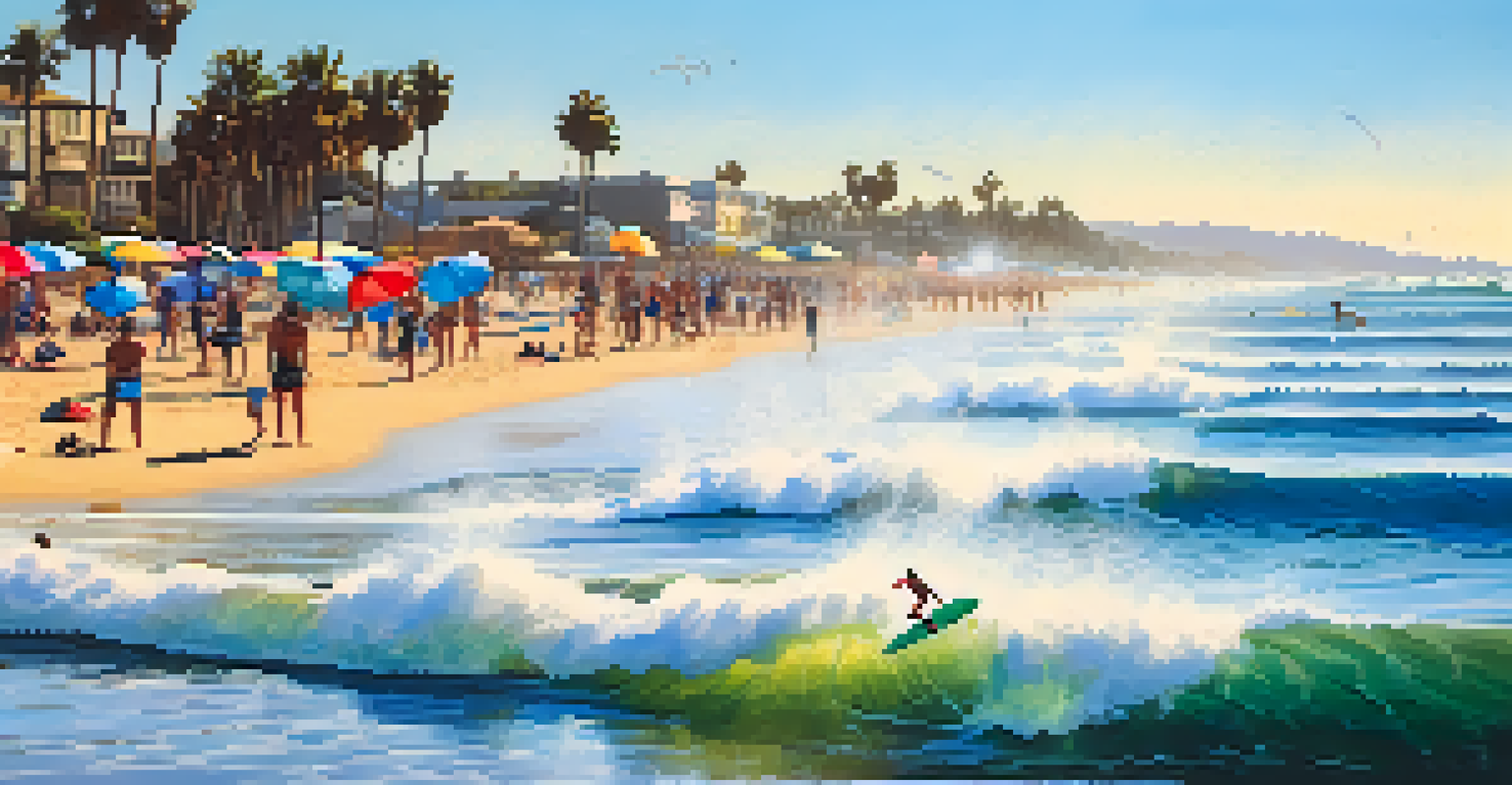 A young surfer catching their first wave at Mission Beach, surrounded by ocean spray and beachgoers enjoying the sunny day.
