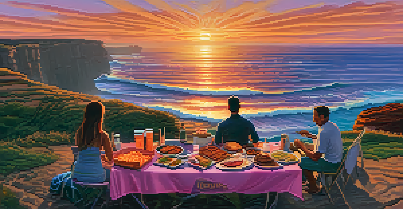 A beautiful sunset BBQ at Sunset Cliffs, featuring a grill with ocean waves and vibrant sunset colors.