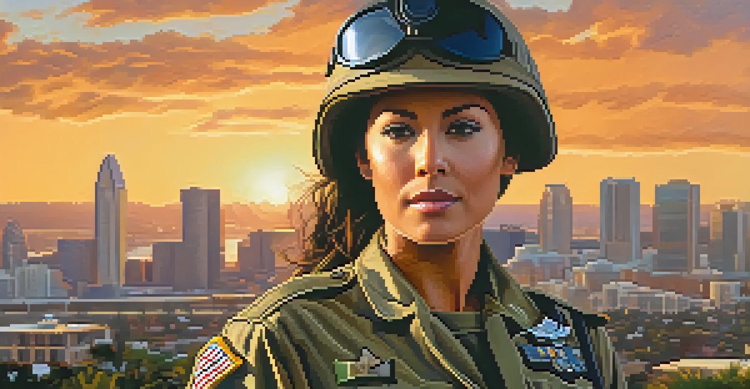A modern female veteran in military gear standing confidently against the sunset skyline of San Diego.