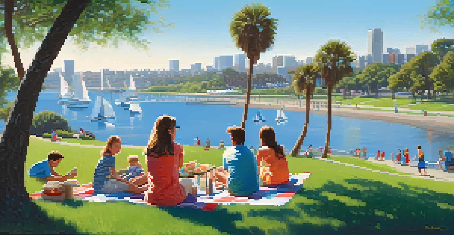 A family enjoying a picnic at Crown Point Park with children playing and Mission Bay in the background.