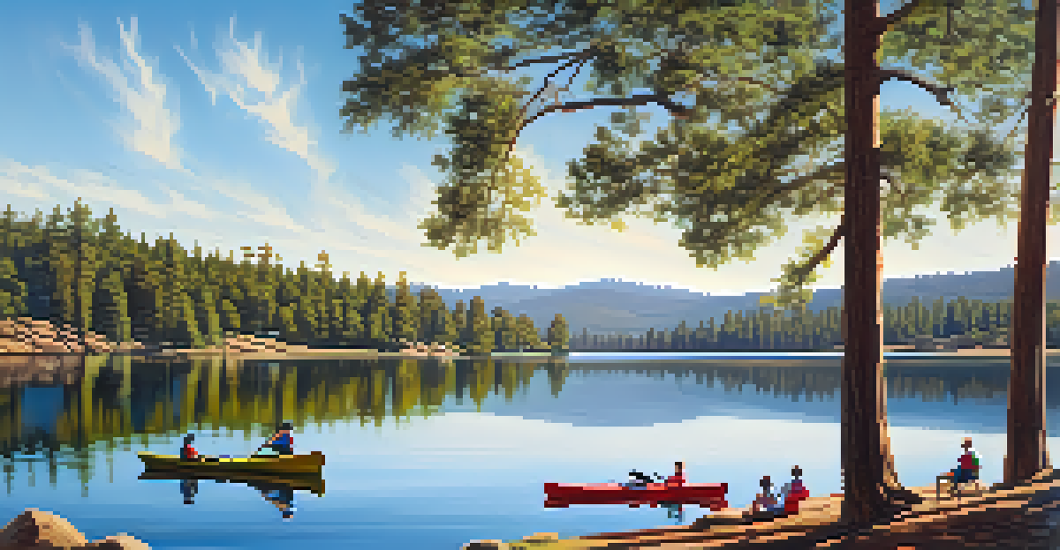 A tranquil scene at Lake Cuyamaca, featuring a family picnic by the lake with kayaks and lush greenery surrounding the water.