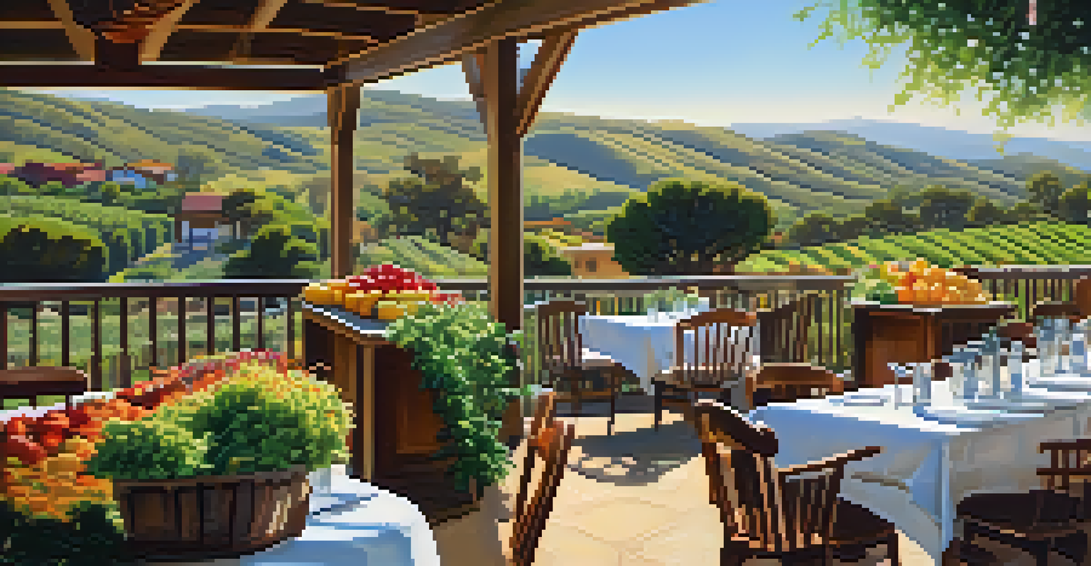An outdoor dining area of a farm-to-table restaurant in San Diego, featuring fresh produce and a scenic view with sunlight filtering through trees.