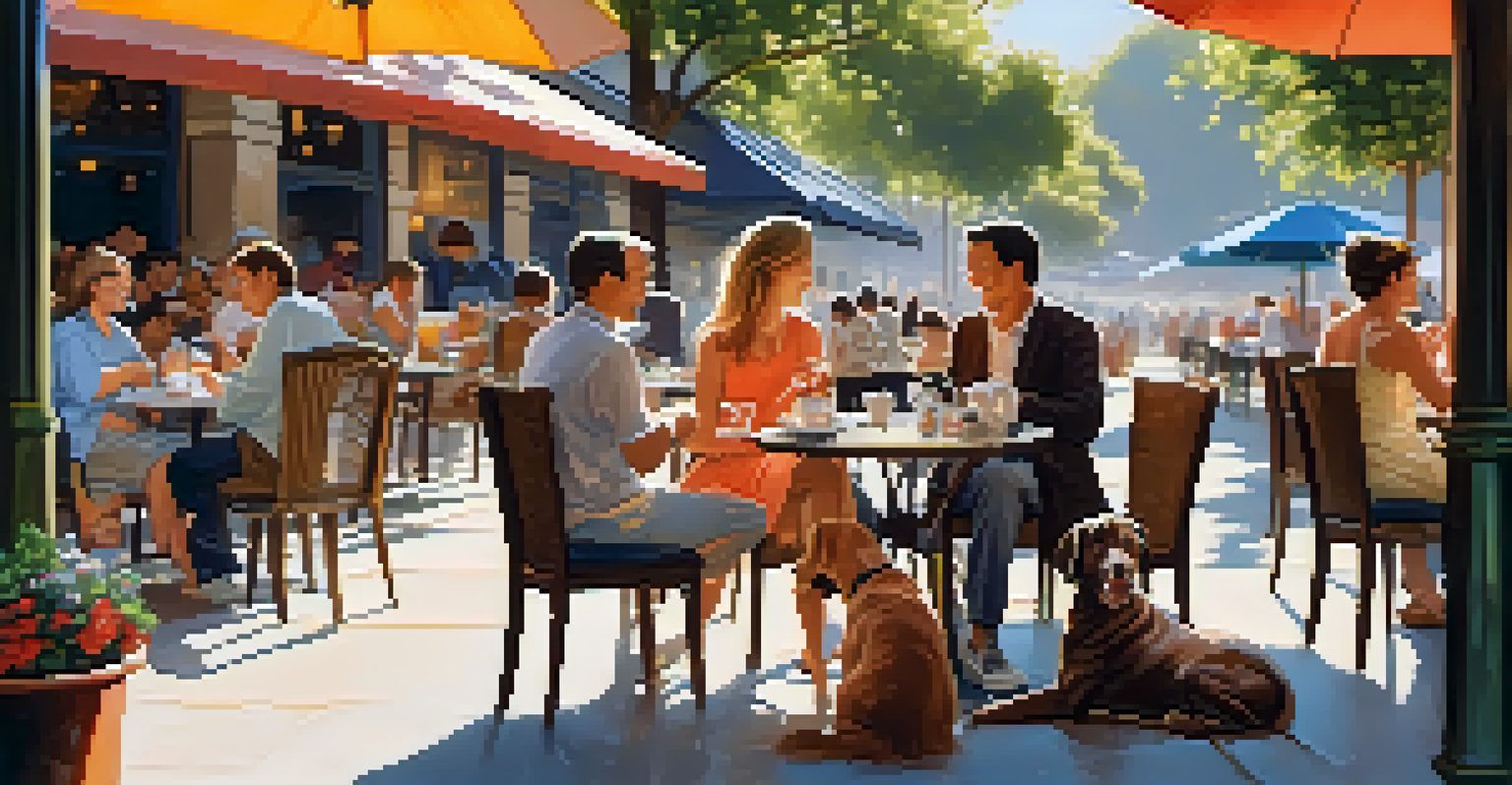 A brunch scene at an outdoor café with people dining and dogs playing in a sunny setting.