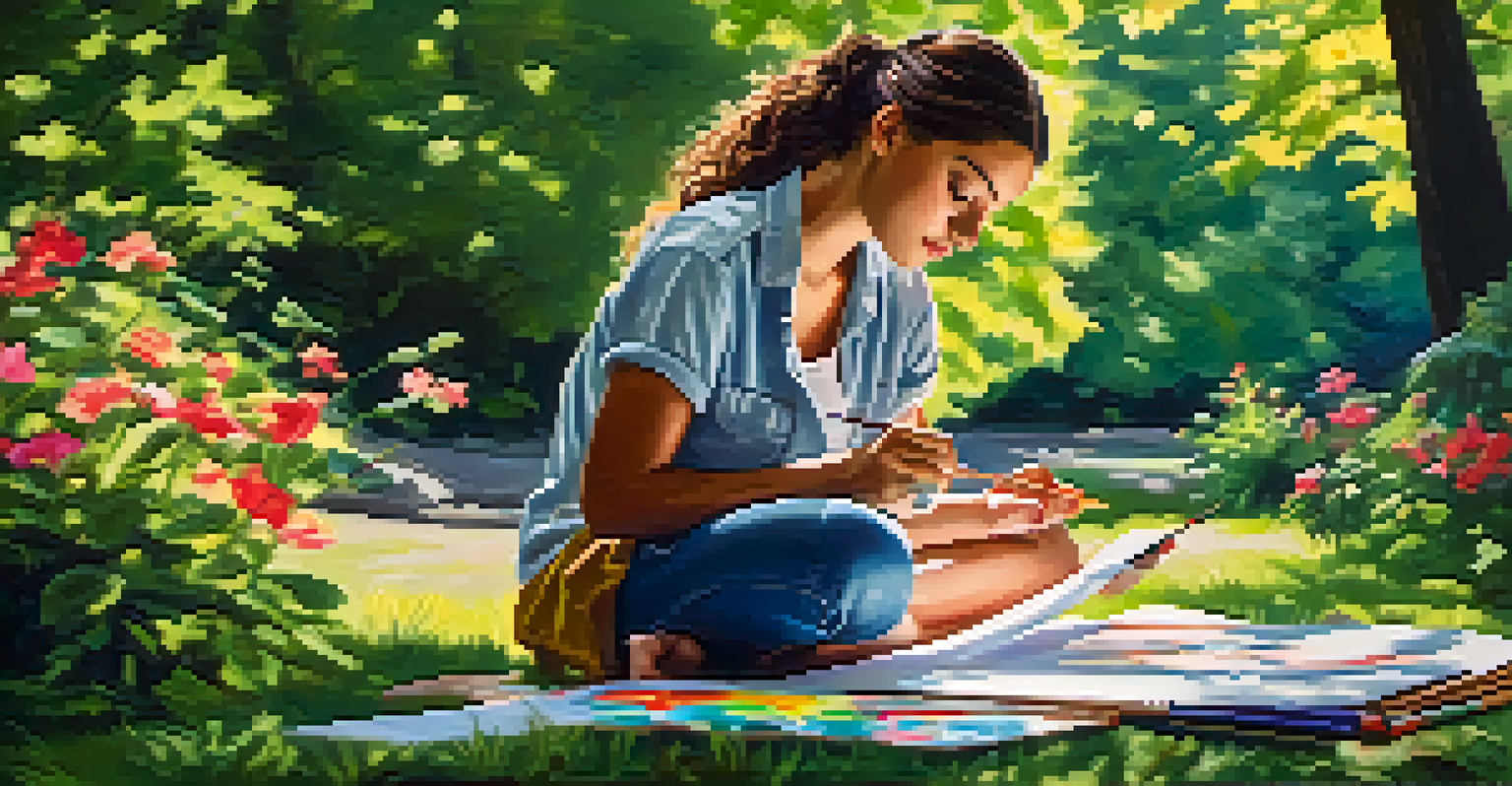 A student painting in a park, surrounded by nature, with vibrant colors on their canvas and soft sunlight filtering through the trees.