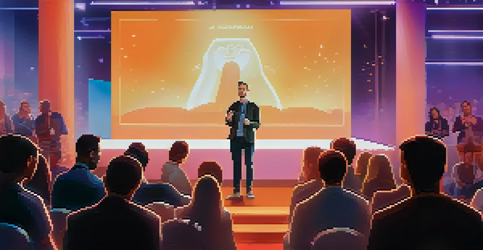 A startup founder presenting their tech product at a pitch competition, with bright stage lights and an engaged audience.