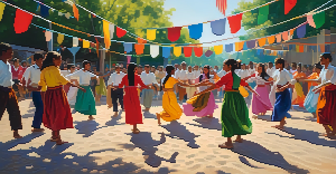 A diverse group of young individuals performing a traditional dance outdoors, surrounded by colorful flags and decorations representing different cultures, with sunlight filtering through the trees.