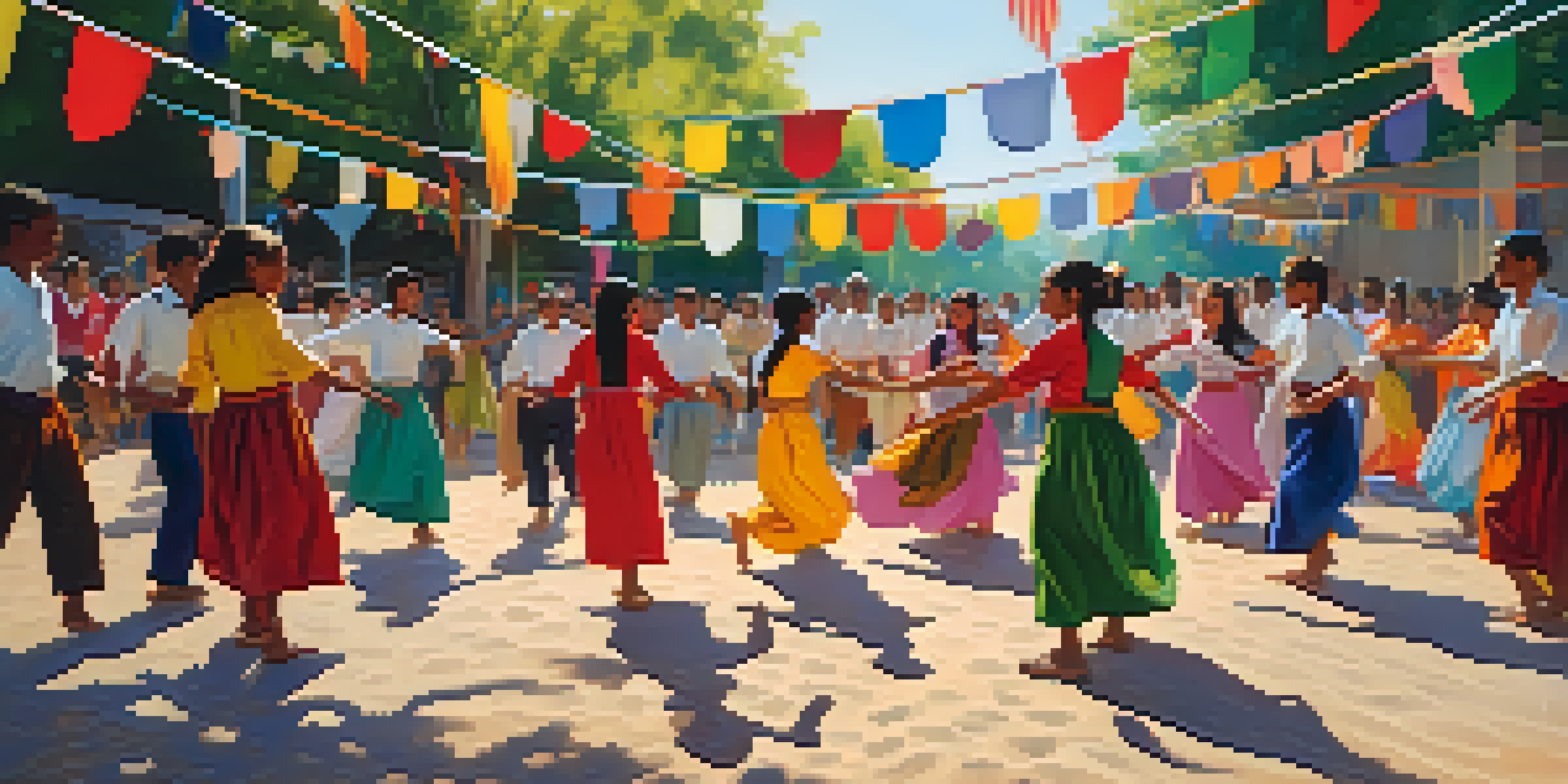 A diverse group of young individuals performing a traditional dance outdoors, surrounded by colorful flags and decorations representing different cultures, with sunlight filtering through the trees.