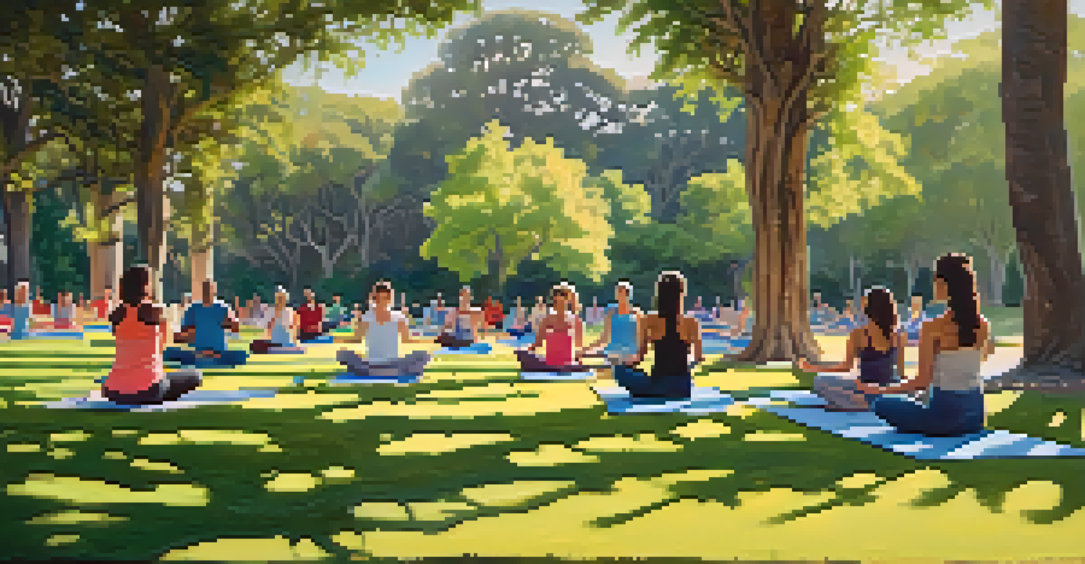 People practicing yoga under trees in Balboa Park, surrounded by flowers and greenery.