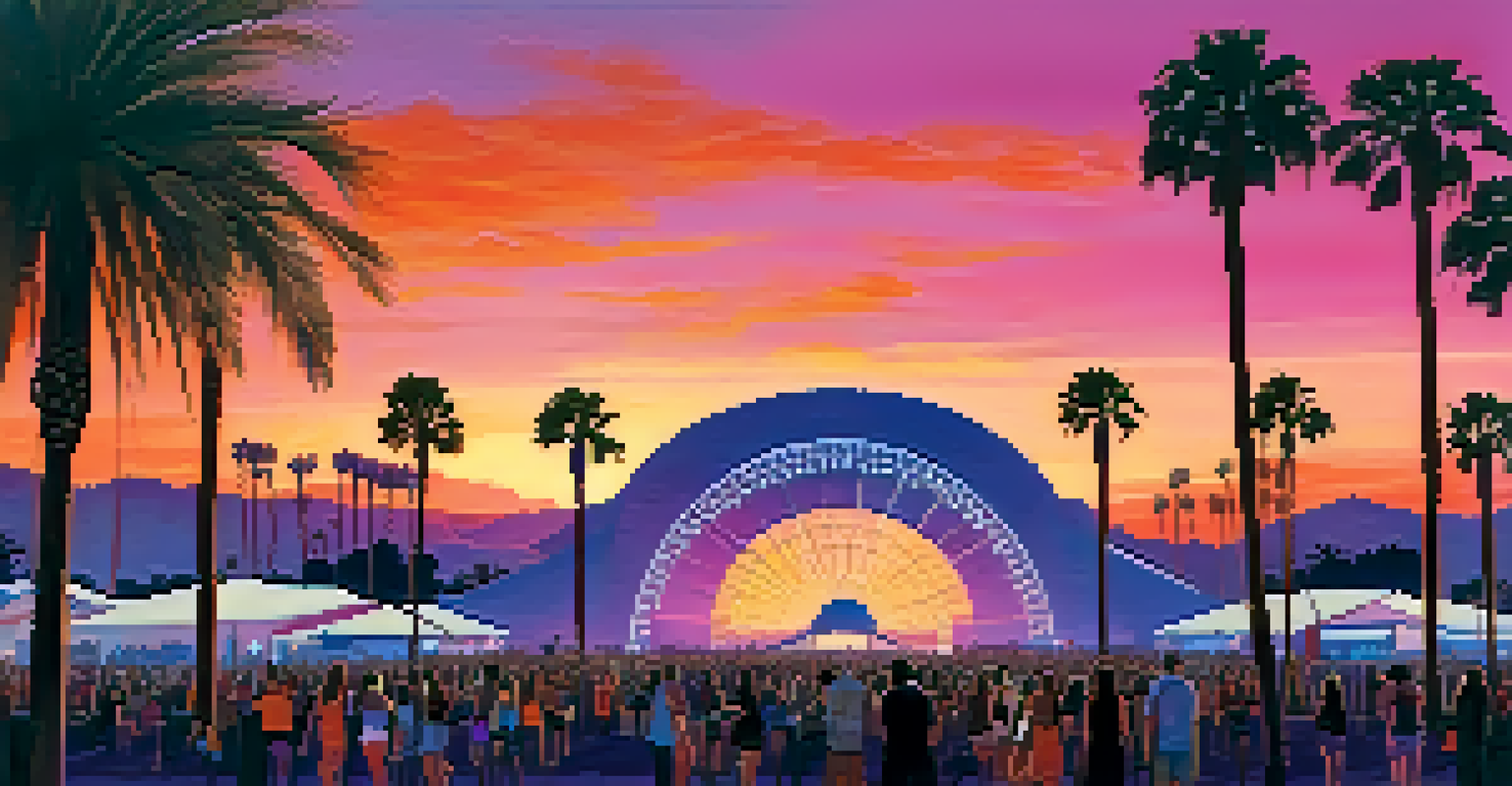 A beautiful sunset at Coachella, with silhouetted palm trees and a colorful sky, capturing the festival's enchanting atmosphere.