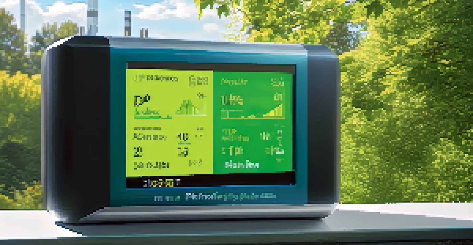 Close-up of an air quality monitoring device displaying pollution data against a backdrop of clear sky and green trees.