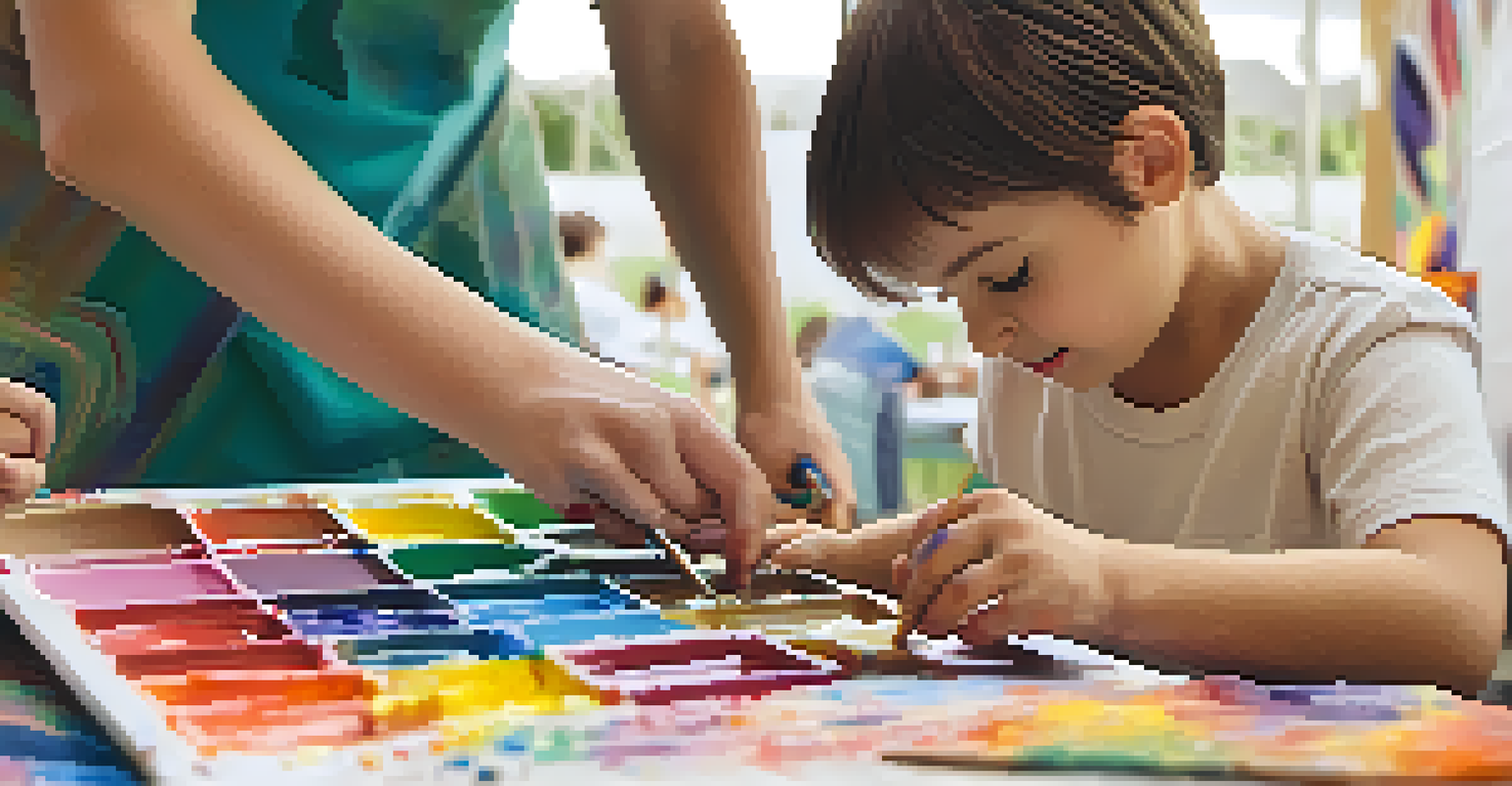 A close-up of a child and an adult collaborating on a colorful painting, highlighting a moment of creativity and connection.