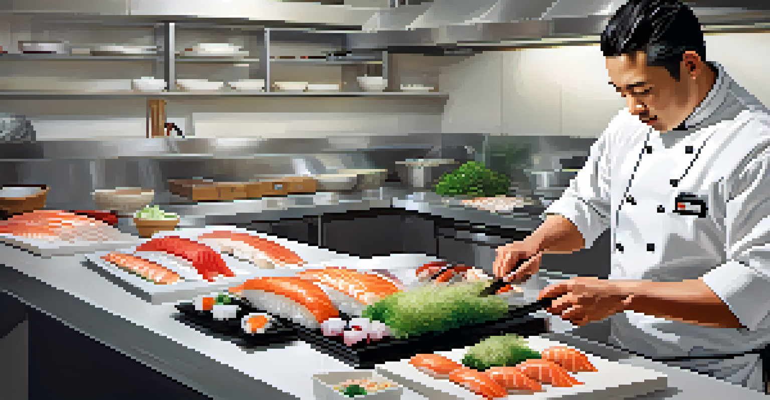 A sushi chef in a modern kitchen preparing sushi with fresh ingredients and tools in the background.